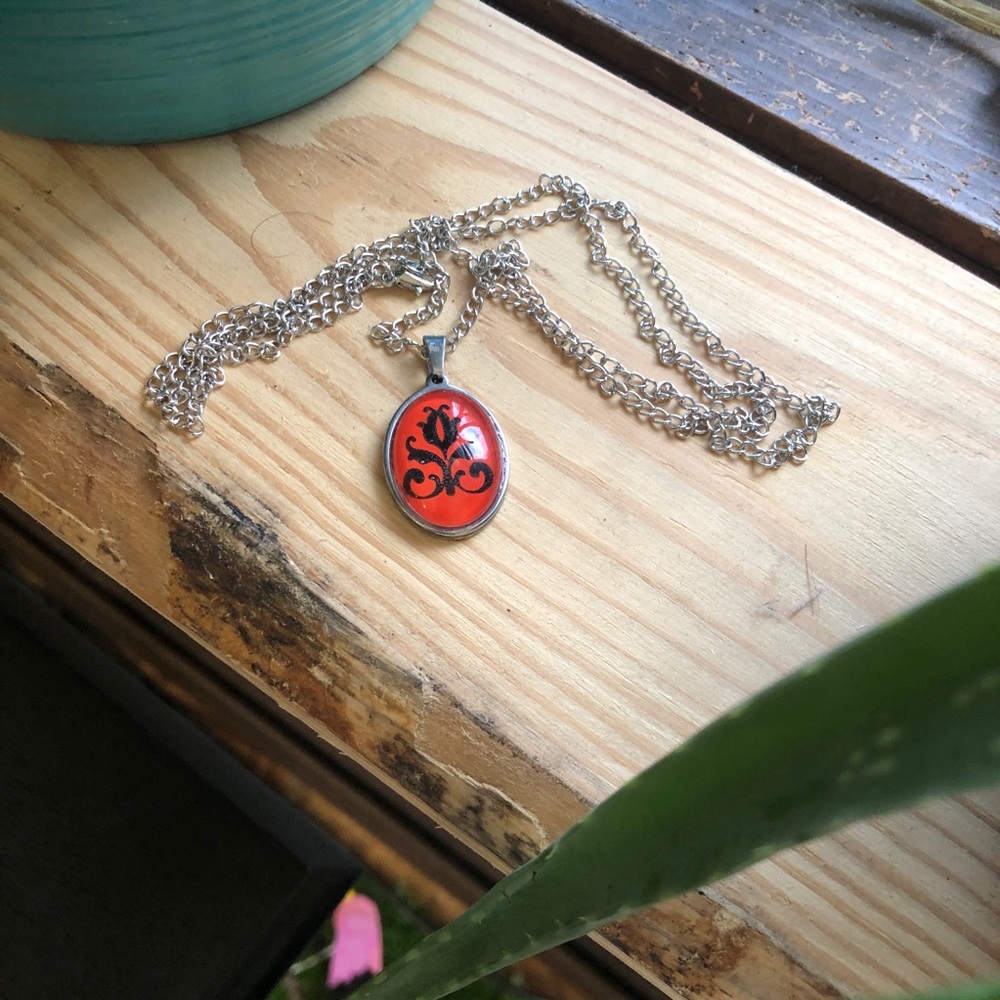Handmade Silhouette Cameo Victorian Inspired Chain Necklace Steampunk Emblem Red